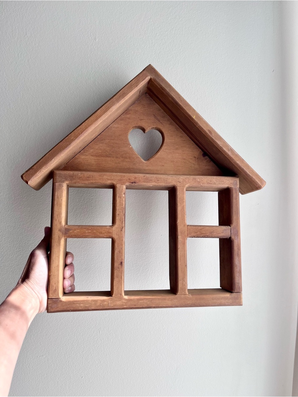 Vintage Rustic Brown Wooden House Trinket Shelf / Shadow Box with Heart Cutout